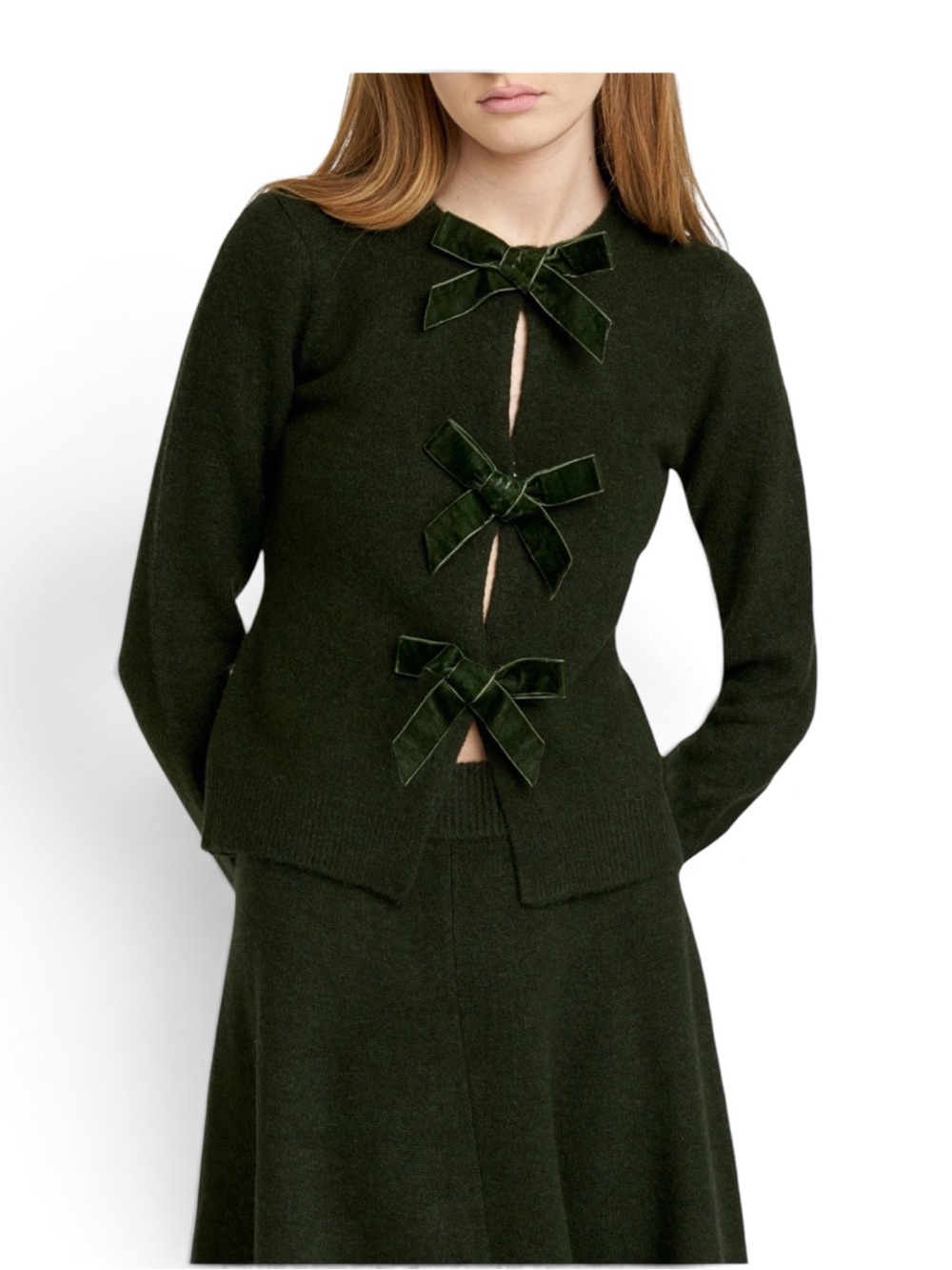WAYF Kayla Velvet Bow Front Cardigan Size XS in Emerald Green